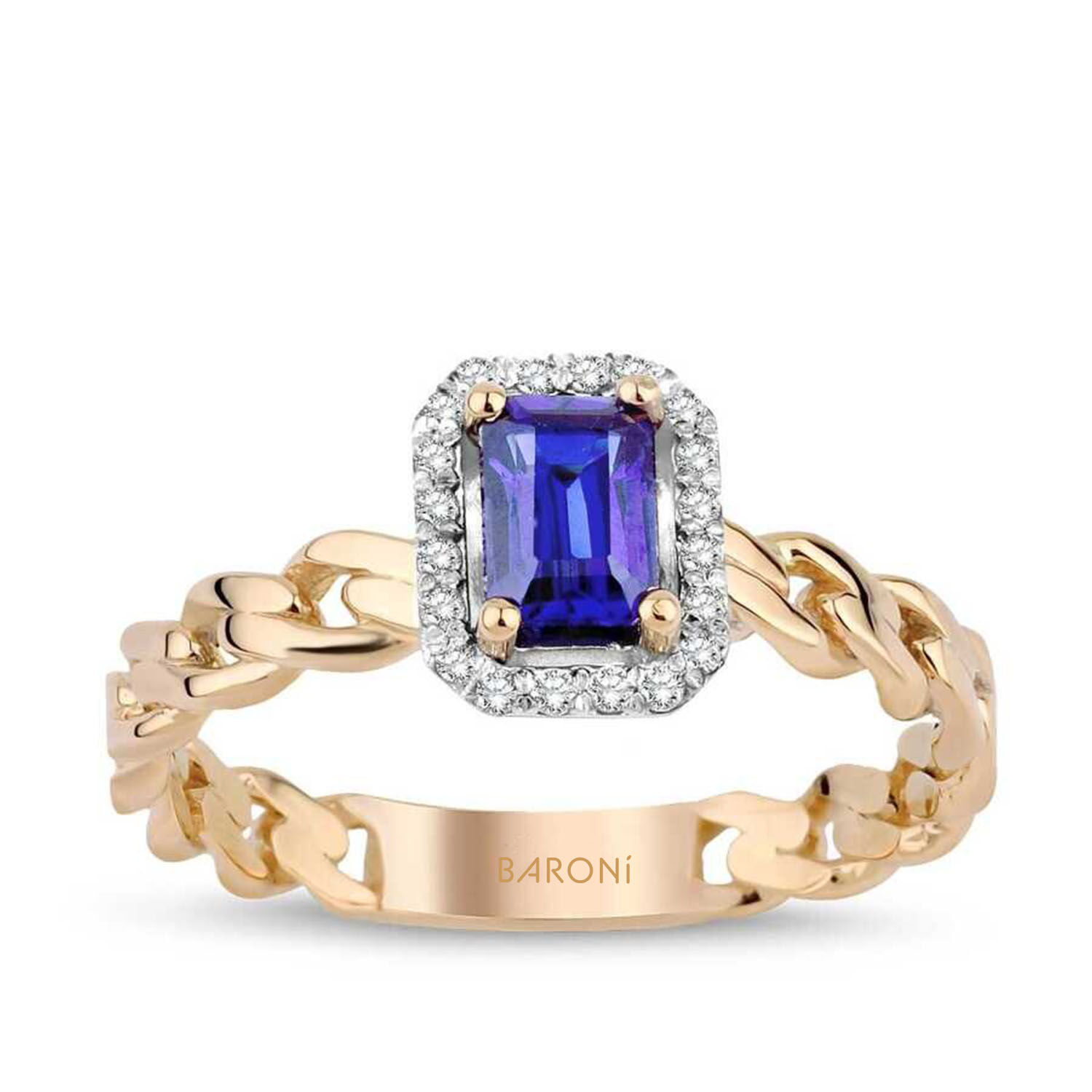0.88 Karat Pırlanta Baget Kesim Safir Yüzük