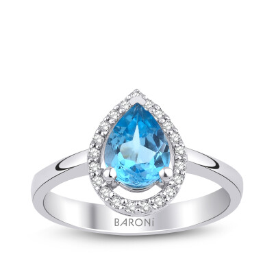 1.15 Karat Pırlanta Blue Topaz Damla Yüzük - 1