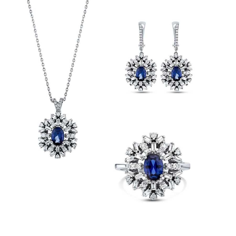 6.46 Karat Pırlanta Baget Safir Set - 1